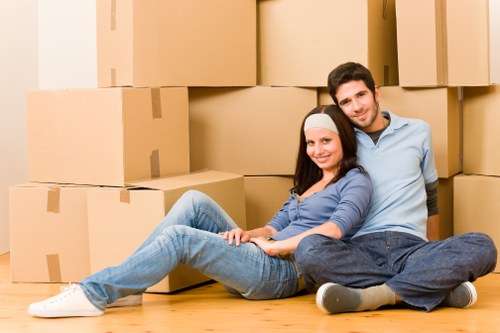 Boxes and household items arranged in a storage unit